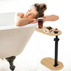 C-Shaped Bathtub Tray Table With Adjustable Height 360&deg; Rotatable Desktop Freestanding Bath Caddy Against Wall Couch Bed Sofa Side Table Wood
