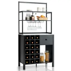 Kitchen Bakers Rack Freestanding Wine Rack Table with Glass Holder and Drawer Black