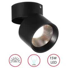 Aluminum Round LED Ceiling Spotlight with Adjustable Downlight, 15 Watt Cool White 4000K, Energy-Efficient Ceiling-Mounted Spot Lighting - Modern Fixture - for Home, Office, and Commercial Spaces Black