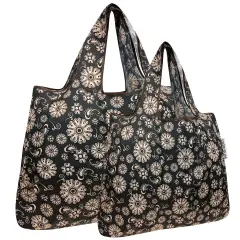 Wrapables Large & Small Foldable Tote Nylon Reusable Grocery Bags, Set of 2 Floral Deco