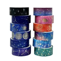 Wrapables Elegant Gold Foil Washi Tape Box Set for Arts & Crafts, Scrapbooking, Stationery, Diary (12 Rolls) Galaxy