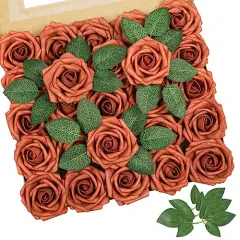 AmyHomie Artificial Flowers Burnt Orange Rose 25pcs Real Looking Fake Roses w/Stem for Fall Decor DIY Wedding Bouquets Centerpieces Arrangements Party Baby Shower Home Decorations