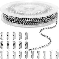 33 ft Ball Chain 2.4mm Silver Stainless Steel Bead Link Chain Roll for Beaded Dog Tag Necklace, Mens Military Jewelry Making Supplies, Pull Chain DIY Bracelets Keychain Craft - w/20#3 Connectors