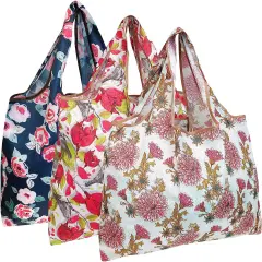 Wrapables Large Foldable Tote Nylon Reusable Grocery Bag, 3 Pack Vintage Bloom