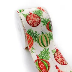 Designer&rsquo;s Shop WR 63-5183 Holiday Glitter Gold/Red/Green Ornaments Wired edge ribbon 2.5&rdquo; x 10 yard