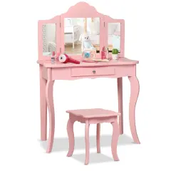 Kids Makeup Dressing Mirror Vanity Table Stool Set Pink
