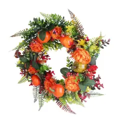 17.71 Inch Autumn Wreath with Pumpkin Mixed Leaves Berries Flowers Fall Decoration