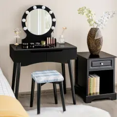 Dressing Table with Large Round Mirror and 8 Light Bulbs for Bedroom Black