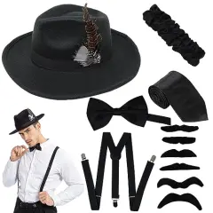 Manhattan 1920s Mens Gatsby Gangster Retro Costume Accessories Set (Black)