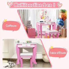 Kids Wooden Makeup Dressing Table and Chair Set with Mirror and Drawer Pink