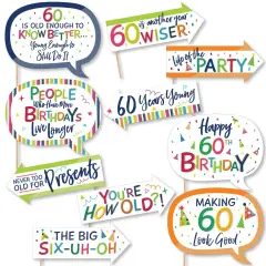 Big Dot of Happiness Funny 60th Birthday - Cheerful Happy Birthday - Colorful Sixtieth Birthday Party Photo Booth Props Kit - 10 Piece
