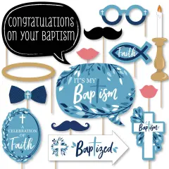 Big Dot of Happiness Baptism Blue Elegant Cross - Boy Religious Party Photo Booth Props Kit - 20 Count