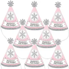 Big Dot of Happiness Pink Winter Wonderland - Mini Cone Holiday Snowflake Birthday Party or Baby Shower Hats - Small Little Party Hats - Set of 8