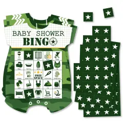 Big Dot of Happiness Camo Hero - Picture Bingo Cards and Markers - Army Military Camouflage Baby Shower Shaped Bingo Game - Set of 18