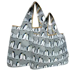 Wrapables Large & Small Foldable Tote Nylon Reusable Grocery Bags, Set of 2, Penguins