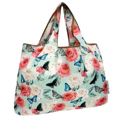 Wrapables Large Foldable Tote Nylon Reusable Grocery Bags, Rose and Butterfly