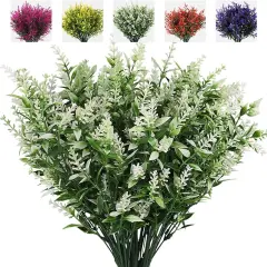 8 Bundles Artificial Plants, UV Resistant Greenery, Fake Shrubs, Outdoor Indoor Plants, Hanging Planter Home Garden Decor, Lavender White