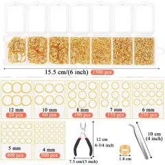 1500 Pieces Gold Jump Rings for Jewelry Making, Jewelry Necklace Repair Kit with Jewelry Making Supplies and Jewelry Pliers for Bangle Charms, Earrings and Nail Piercing