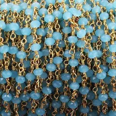 10 ft Blue Aqua Chalcedony 3mm-4mm Rosary Style Beaded Chain - Chalcedony Beads 24k Gold Plated Wire Wrapped Chain