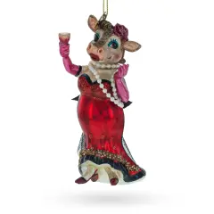 Cow Sipping Red Wine Glass Christmas Ornament