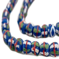 The Bead Chest Blue French Cross Krobo Beads 11mm Ghana African Round Glass Large Hole 28 Inch Strand Handmade