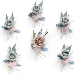 Boutonniere Set of 6 for Groom & Groomsmen Gray & dusty rose