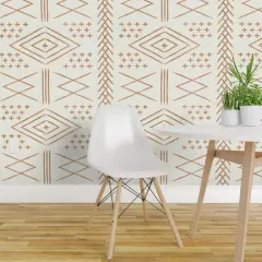Pre-Pasted Wallpaper 2FT Wide Vintage Moroccan Bone Dark Maple Beige Boho Trendy Tribal Farmhouse & Modern Bohemian Home Geometric Mudcloth Custom Pre-pasted Wallpaper by Spoonflower
