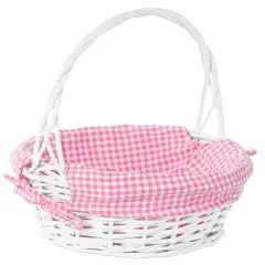 White Round Willow Gift Basket, with Gingham Liner and Handle Pink