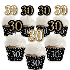 Big Dot of Happiness Adult 30th Birthday - Gold - Cupcake Decoration - Birthday Party Cupcake Wrappers and Treat Picks Kit - Set of 24