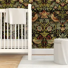 Pre-Pasted Wallpaper 2FT Wide William Morris Traditional Victorian Woven Look English Garden Arts And Craft Black Green Custom Pre-pasted Wallpaper by Spoonflower