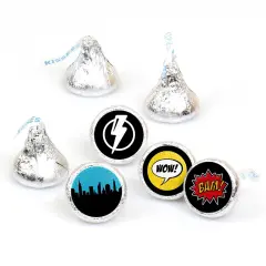 Big Dot of Happiness Bam Superhero - Baby Shower or Birthday Party Round Candy Sticker Favors - Labels Fits Chocolate Candy (1 Sheet of 108)