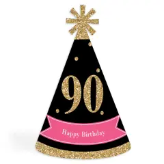 Big Dot of Happiness Chic 90th Birthday - Pink, Black and Gold - Cone Happy Birthday Party Hats for Adults - Set of 8 (Standard Size)