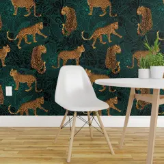 Peel & Stick Wallpaper 2FT Wide Black Green Animal Africa Leopard Cheetah Tiger Exotic Animals Maximalist Custom Removable Wallpaper by Spoonflower