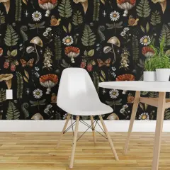 Peel & Stick Wallpaper 2FT Wide Woodland Fern Moth Dragonfly mushrooms Wildflowers Fly Agaric Amanita Witchcraft Nature Forest Custom Removable Wallpaper by Spoonflower