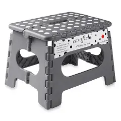 Casafield 9" Folding Step Stool with Handle, Gray - Portable Collapsible Small Plastic Foot Stool for Kids and Adults - Use in the Kitchen, Bathroom and Bedroom