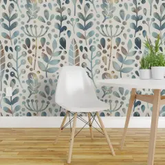 Pre-Pasted Wallpaper 2FT Wide Woodland Muted Blue Large Scale Modern Botanicals Custom Pre-pasted Wallpaper by Spoonflower