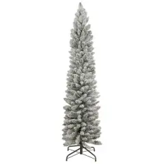Slim Pencil Snow Flocked Christmas Tree - Artificial Linden Spruce with Premium PVC Needles - Sturdy Metal Stand Included - Ideal for Compact Spaces - Effortless Assembly and Elegant Holiday D&eacute;cor