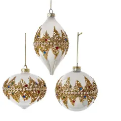 4" Glass Jeweled Ball, Onion and Drop Shape Ornaments, 3 Assorted