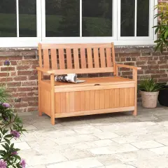 Patio Hardwood Storage Bench With Slatted Backrest