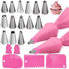 Silicone Icing Piping Bag,Reusable Cream Pastry Bag and 14&times; Stainless Steel Nozzle Set DIY Cake Decorating Tool(14&times;Nozzle, 2&times;Icing Cream Pastry Bag and 2 X Converter and 3&times;Scraper) [Energy Class A+]