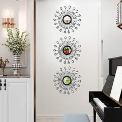 3 Pack Metal Wall Mirrors Rhinestones Starburst Mirror Set Bling Home Decorative Hanging Wall Art for Living Room Bedroom-Water-Drop Burst Black
