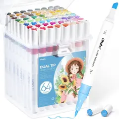 Ohuhu Water-Based Markers for Adult Coloring Books: 64 Colors Art Markers Dual Brush Chisel Tips Drawing Pens Coloring Markers for Kids Adults Calligraphy Sketching Bullet Journal with Storage Case