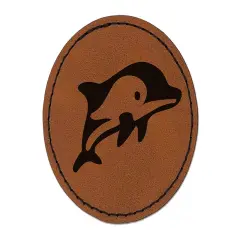Cute Chibi Striped Dolphin Round Iron-On Engraved Faux Leather Patch Applique - 2.5" Brown