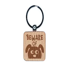 Beware of Dog Funny Doodle Engraved Wood Square Keychain Tag Charm