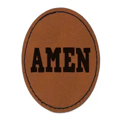 Amen Fun Text Prayer Praying Round Iron-On Engraved Faux Leather Patch Applique - 2.5" Brown