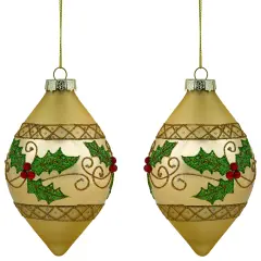 Northlight Set of 2 Golden Glitter Holly Finial Christmas Glass Ornaments 5"