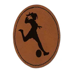 Soccer Player Woman Kicking Ball Association Football Round Iron-On Engraved Faux Leather Patch Applique - 2.5" Brown