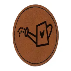 Watering Can Heart Gardening Plants Round Iron-On Engraved Faux Leather Patch Applique - 2.5" Brown