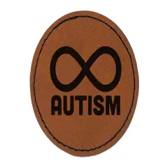 Autism Awareness Infinity Symbol Round Iron-On Engraved Faux Leather Patch Applique - 2.5" Brown
