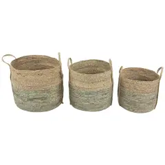 Northlight Set of 3 Round Tall Woven Seagrass Storage Baskets with Handles 16.25" Beige